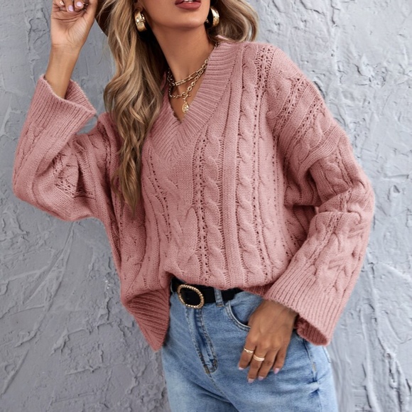 V neck Chunky Knit Cable Oversized Sweater Pink - Picture 12 of 14